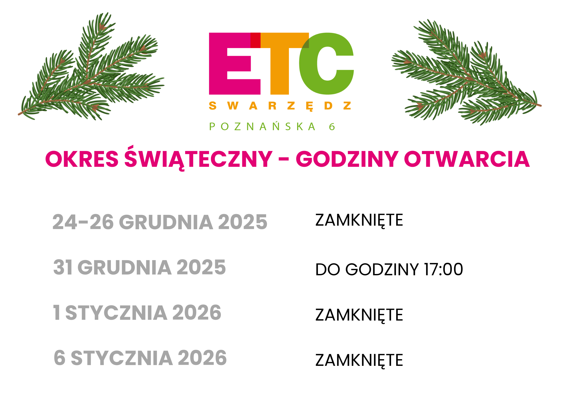 Świąteczne godziny otwarcia